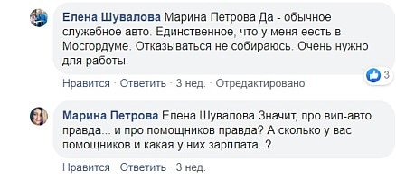 Комментарии Е.Шуваловой в Фейсбуке о своей зарплате в Мосгордуме