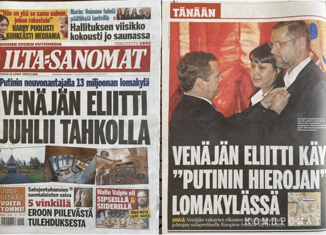 Хельсинская газета Ilta-Sanomat. «Российская элита провела праздники в Тахко», — написано на обложке газеты (слева), 21 января 2020 года