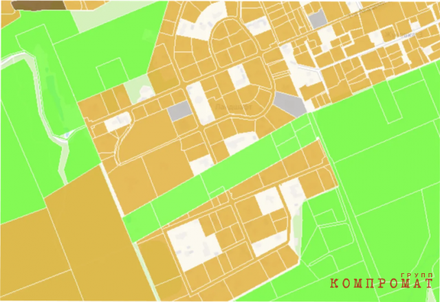 Фрагмент кадастровой карты поселка Жуковка на Рублево-Успенском шоссе. Пробелы — это участки, по которым Росреестр не выдает информацию