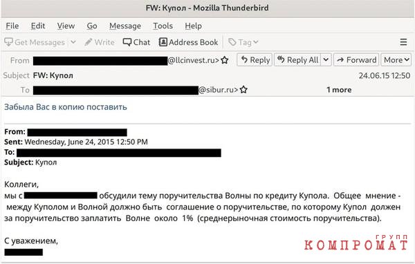 Одно из писем из утечки, в котором сотрудники с почтами на домене llcinvest.ru обсуждают финансовые сделки компании "Волна" с сотрудником "Сибура"
