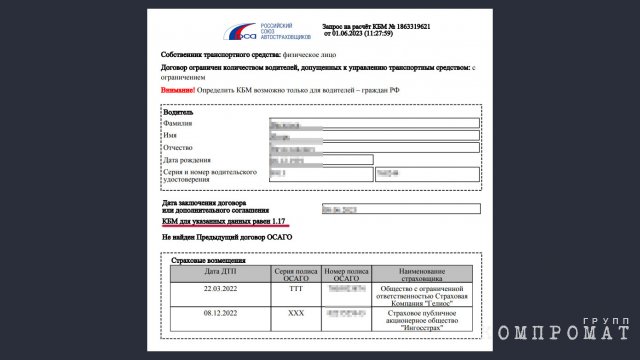 Информация в базе данных Российского союза автостраховщиков о КМБ Игоря