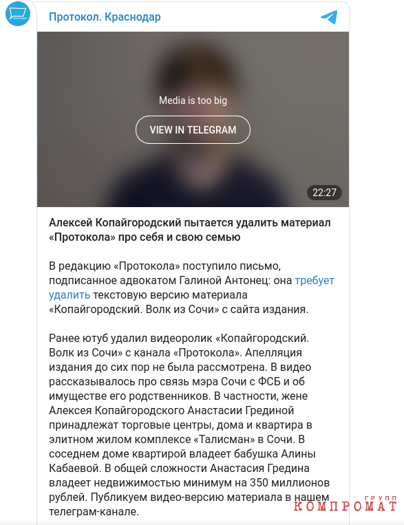 Алексей Копайгородский пытается удалить материал «Протокола» про себя и свою семью